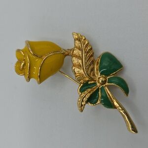 Elegant Enamel And Gold Tone Yellow Rose and Green Leaf Brooch